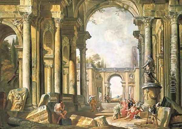 A capriccio of classical ruins with Belisarius begging at the entrance to Constantinople Oil Painting - Giovanni Paolo Panini