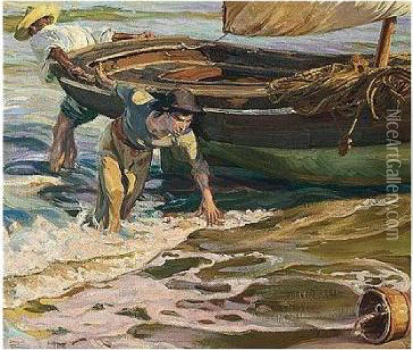 Arrastrando La Barca (beaching The Boat) Oil Painting - Jose Mongrell Torrent