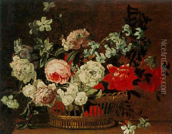 Still Life Of Roses And Other Flowers In A Basket Oil Painting - Jacques Linard