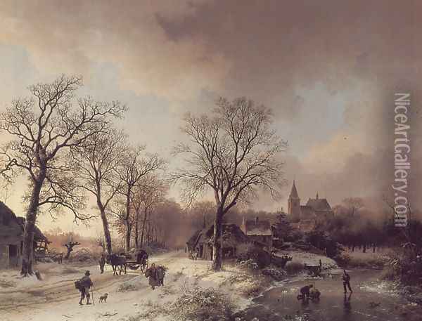 Figures in a Winter Landscape Oil Painting - Barend Cornelis Koekkoek