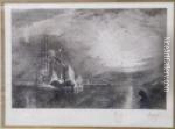 A Pair Of Black And White Etched Ship Oil Painting - Joseph Mallord William Turner