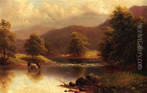 Cattle watering in a tranquil river landscape Oil Painting - William Mellor