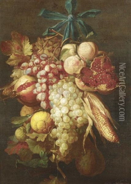 Stilleben Mit Weintrauben, Maiskolben Und Sudfruchten, An Einer Zierschleife Hangend Oil Painting - Cornelis De Heem