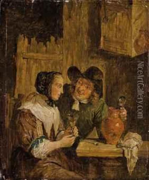 A Couple In A Tavern Interior Oil Painting - David The Younger Teniers
