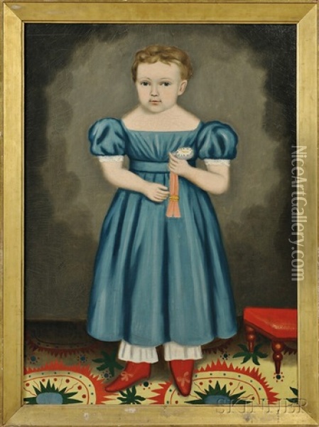 Portrait Of A Blond-haired Child Wearing A Blue Dress Holding A Watch, Standing On A Patterned Carpet Oil Painting - Erastus Salisbury Field