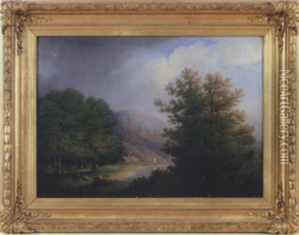 Romantiskt Bergslandskap Med Figurer Oil Painting - Lars Theodor Billing