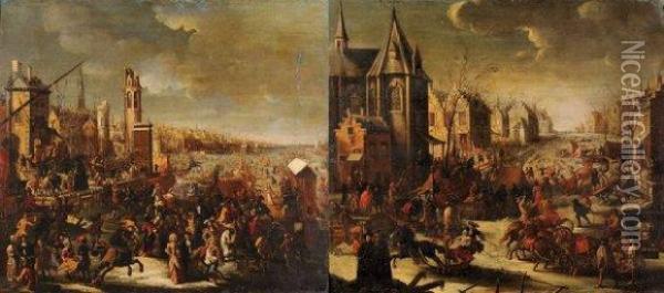 Traineaux Et Cavaliers Sur Une Riviere Gelee Oil Painting - Joseph, The Younger Heintz