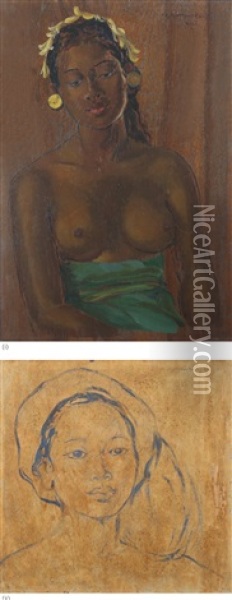 (i) Balinese Woman (ii) Head Of Balinese Woman Oil Painting - Czeslaw Mystkowski