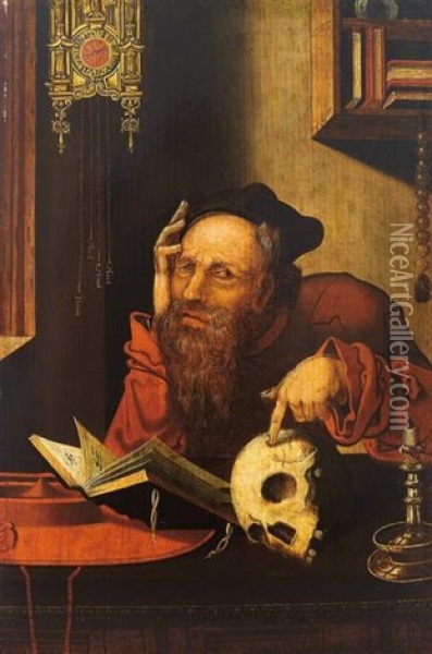 Der Hl. Hieronymus Im Gehause Zeigt Mit Der Linken Hand Auf Memento Mori Oil Painting - Joos Van Cleve