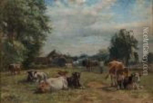 A Pastoral Landscape With Cattle And Trees In Front Of Farmbuildings Oil Painting - William Mark Fisher