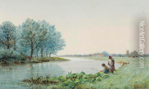 Children Playing By A River, A Village Beyond Oil Painting - George Stanfield Walters