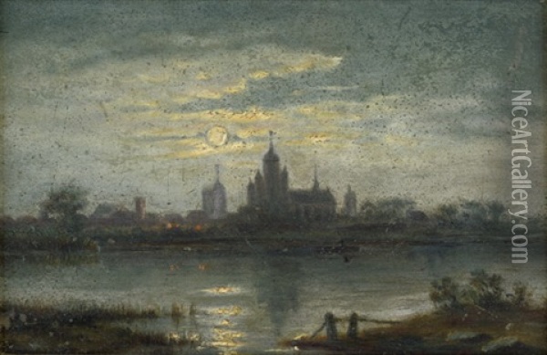 Ansicht Von Schwerin Im Mondschein Oil Painting - Louis Douzette