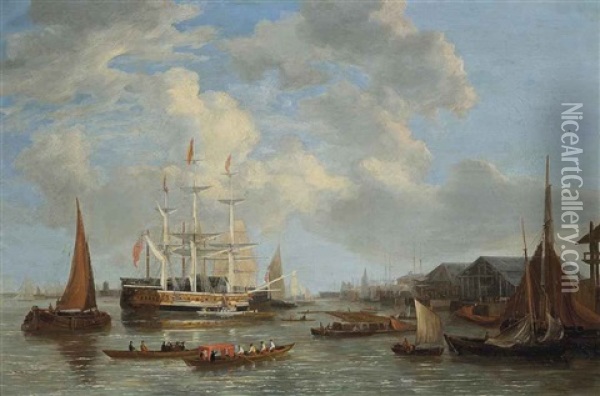 Royal Sovereign Lying Off The Dockyard At Deptford With King George Iv In Attendance Oil Painting - Joseph Francis Ellis