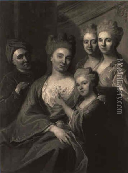 Group Portrait Of A Lady With Three Daughters And Her Husband Oil Painting - Johann Baptist Lampi the Elder