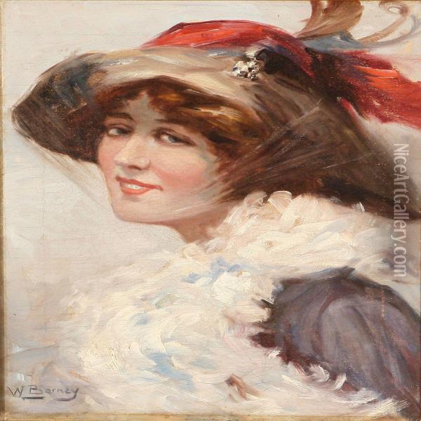 Portrait Of A Smilingyoung Woman Wearing A Hat And A Feather Boa Oil Painting - William Whiston Barney