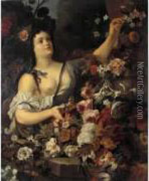Jeune Femme Disposant Des Fleurs Oil Painting - Caspar Pieter I Verbrugghen