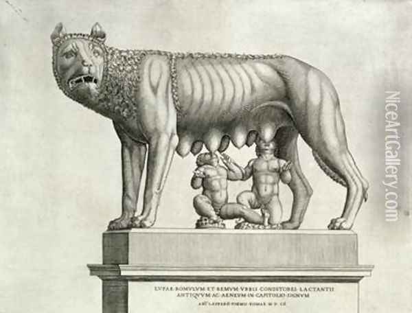 Drawing of the Etruscan bronze of the she wolf suckling Romulus and Remus Oil Painting - Antonio Lafreri