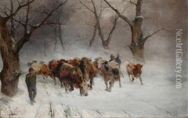 Viehtrieb Im Winter Oil Painting - Ernst Adolf Meissner