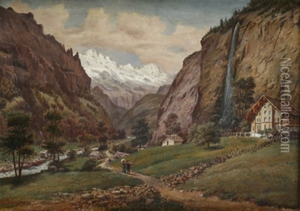 Tal In Der Schweiz Mit Wasserfall Und Blick Auf Das Mont Blanc Massiv Oil Painting - Friedrich Eugen Peipers