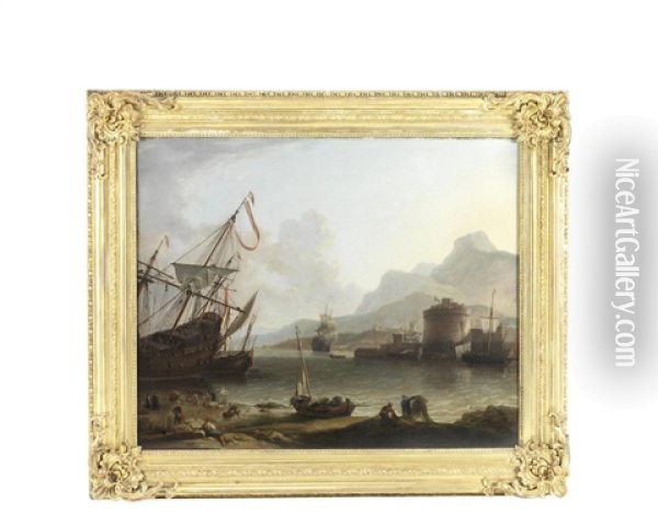 A Mediterranean Harbour With Shipping At Anchor Oil Painting - Adriaen Van Der Cabel
