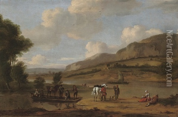 A Wooded River Landscape With A Ferry And Figures And Their Horses In The Foreground Oil Painting - James Ross