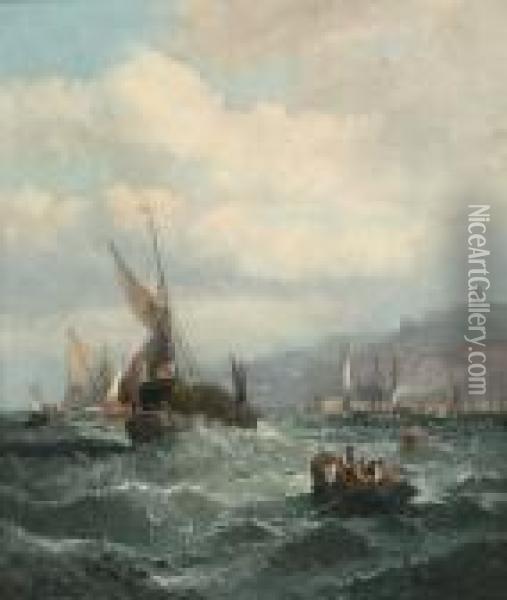 Shipping Off A Harbour Entrance Oil Painting - Hubert Thornley