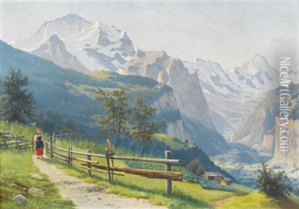 Wegrand Mit Blick Auf Lauterbrunnental Und Jungfrau Oil Painting - Ernst Hodel the Elder