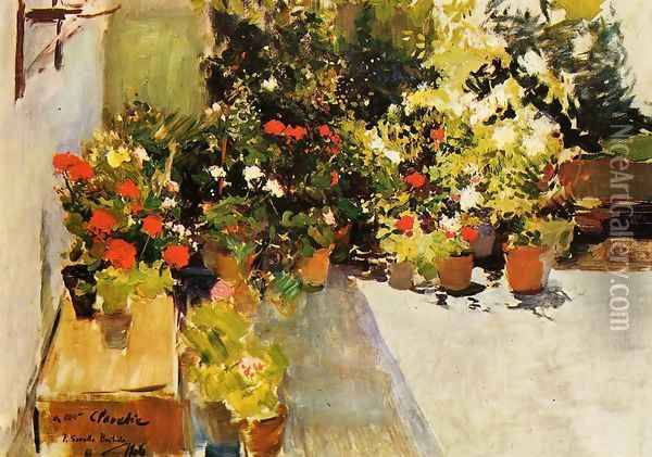 A Rooftop with Flowers Oil Painting - Joaquin Sorolla Y Bastida