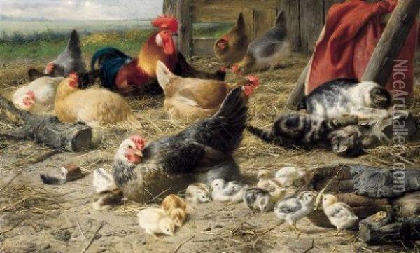 Poules Et Chatons Oil Painting - Eugene Remy Maes