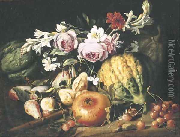 Melons, figs, cherries, a pomegranate and mixed flowers in a clearing Oil Painting - Abraham Brueghel