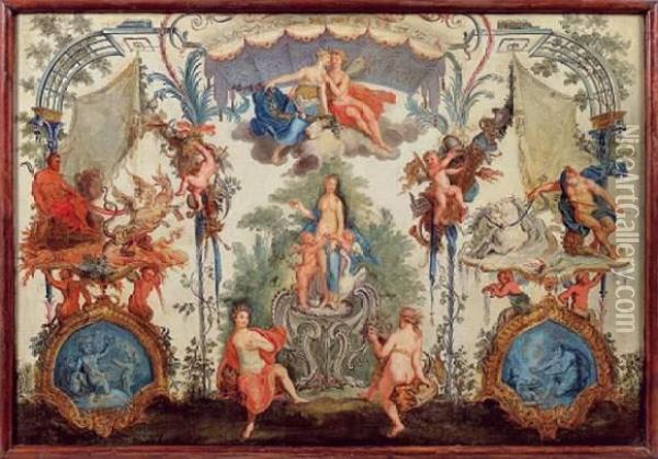 Panneau A Decor De Grotesques Avec Les Figures De Leda, Pluton Et Neptune Oil Painting - Claude III Audran