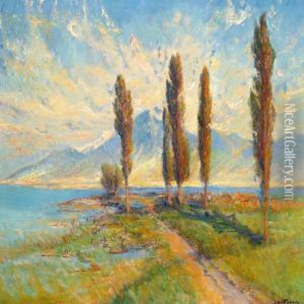 View Of A Lake Surrounded By Mountains, Presumably Lake Como In The North Of Italy Oil Painting - Harald Jerichau