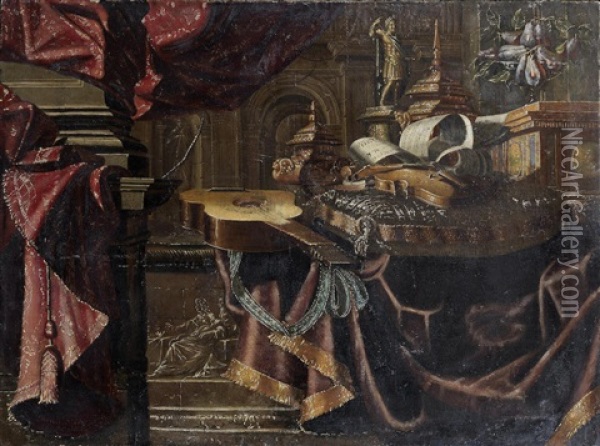 A Guitar And Violin With A Dish Of Plums On A Draped Table Oil Painting - Carlo Manieri