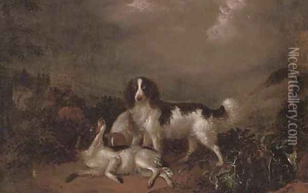 Spaniels playing in a landscape Oil Painting - Adriaen De Gryeff