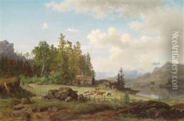 Lake Landscape With Cows Grazing Oil Painting - Niels Bjornson Moller