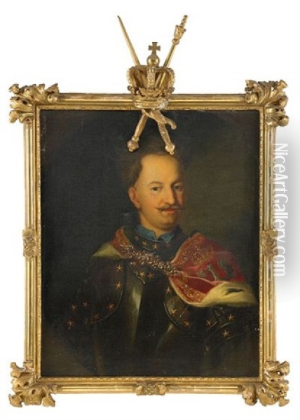 Portratt Av Kung Stanislas Leszczynski Ikladd Harnesk Och Hermelinbramad Mantel, Midjebild Oil Painting - Johann David Swartz