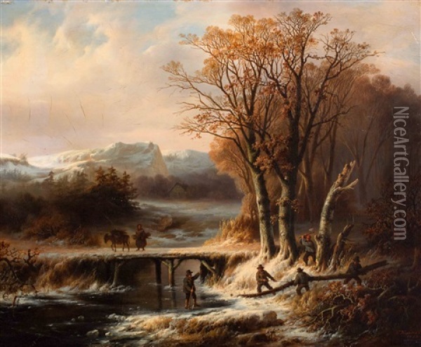 Lumberjacks In A Winter Forest Landscape Oil Painting - Cornelis Kimmel