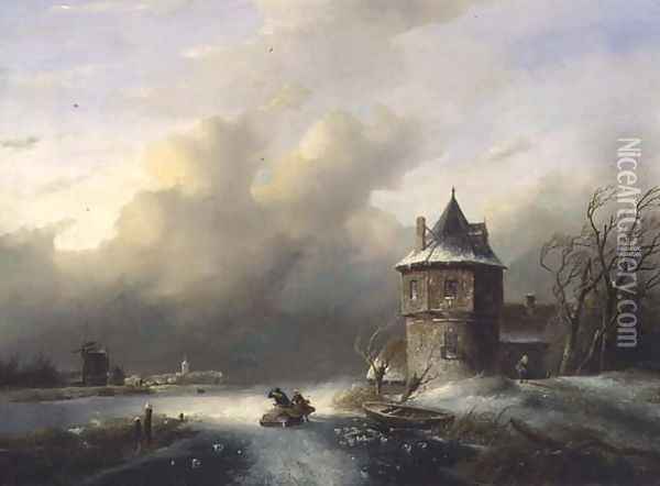 A Couple Crossing the Ice in Windy Weather Oil Painting - Jan Jacob Spohler