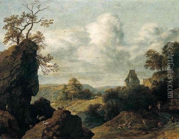 A Mountainous Landscape With Travellers And Huntsman Before A Hill-top Town Oil Painting - Allaert van Everdingen