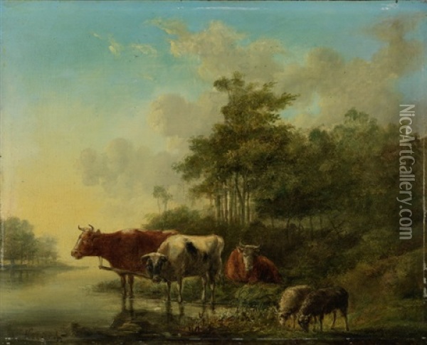 Kuhe Und Schafe An Der Tranke Oil Painting - Jan Kobell the Younger