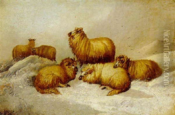 Sheep In A Winter Landscape Oil Painting - John W. Morris