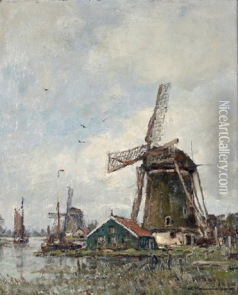 Landschaft Mit Windmuhlen Oil Painting - Wilhelm Hambuechen