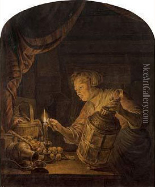 Femme Allumant Une Lampe Oil Painting - Cornelis Buys