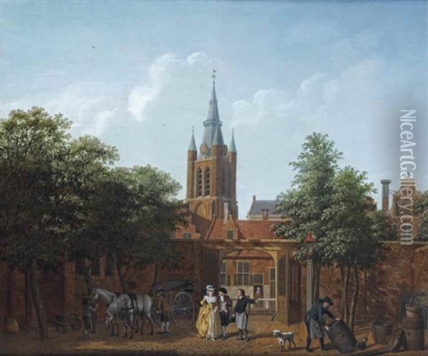 A View Of Delft With An Elegant Couple In A Courtyard, The Tower Of The Oude Kerk Beyond Oil Painting - Isaac Ouwater