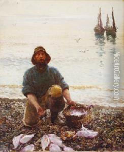 Fisherman With His Catch On The Beach Oil Painting - Hamilton Macallum