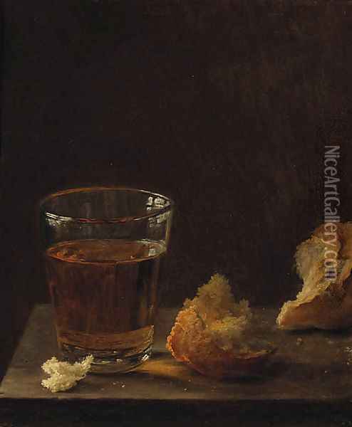 A Glass of Beer and a Bread Roll on a Table Oil Painting - Balthasar Denner