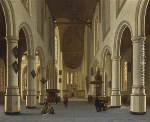 Church Interior With Figures Strolling In The Central Nave Oil Painting - Hendrick Cornelisz van der Vliet