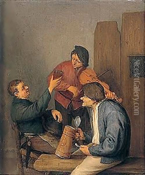 Three Peasants Drinking, Smoking And Playing The Violin In A Tavern Interior Oil Painting - Adriaen Jansz. Van Ostade
