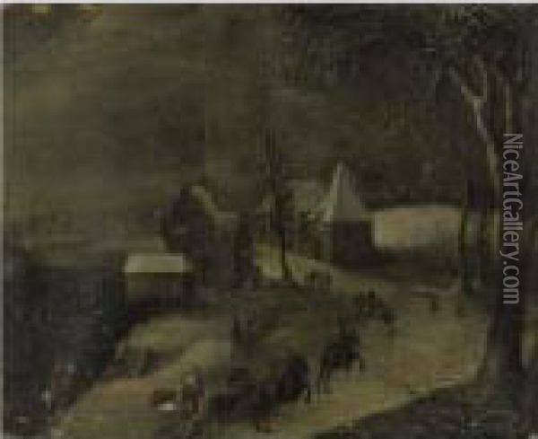A Village In Winter With Townfolk And Riders In The Foreground Oil Painting - Jan Abrahamsz. Beerstraaten