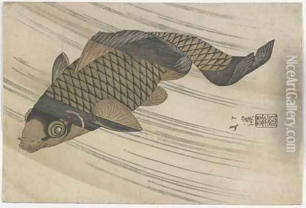 Carp Swimming Upstream Edo period Oil Painting - Toyota Hokkei